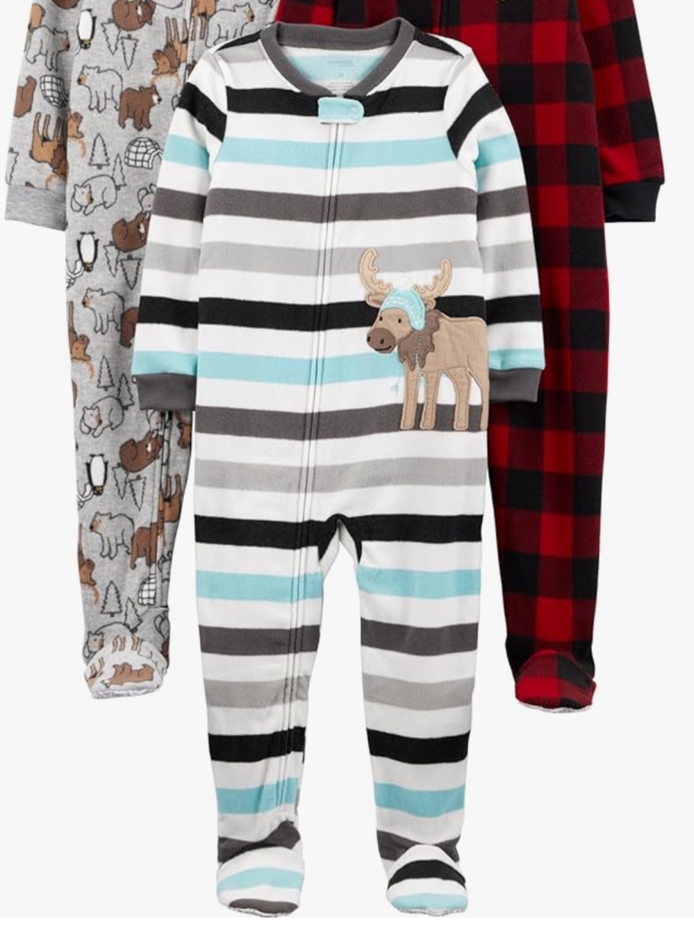 Carter's Striped Blue Gray Black White Moose Applique 3-Pack Footed Pajamas